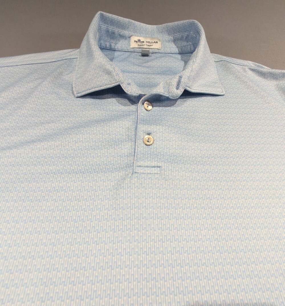 Peter Millar Summer Comfort Golf Polo Size L Light Blue Printed Jersey Preppy
